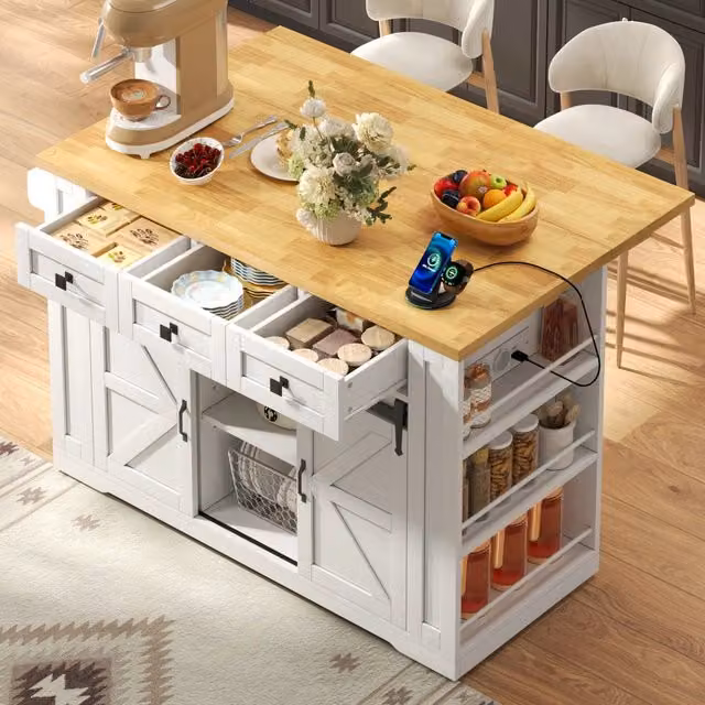 Isola da cucina mobile con piano ribaltabile; ante scorrevoli e prese; bianco e legno; 130x50(80)x87 cm