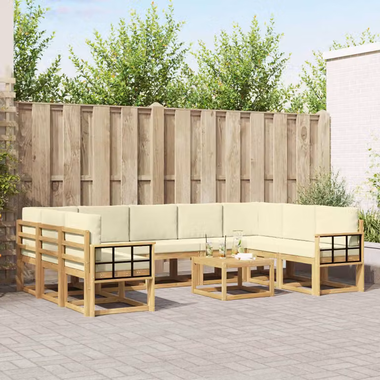 vidaXL Set di divani da esterno a L composto da 10 pezzi in legno di acacia con cuscini in poliestere bianco, beige e marrone