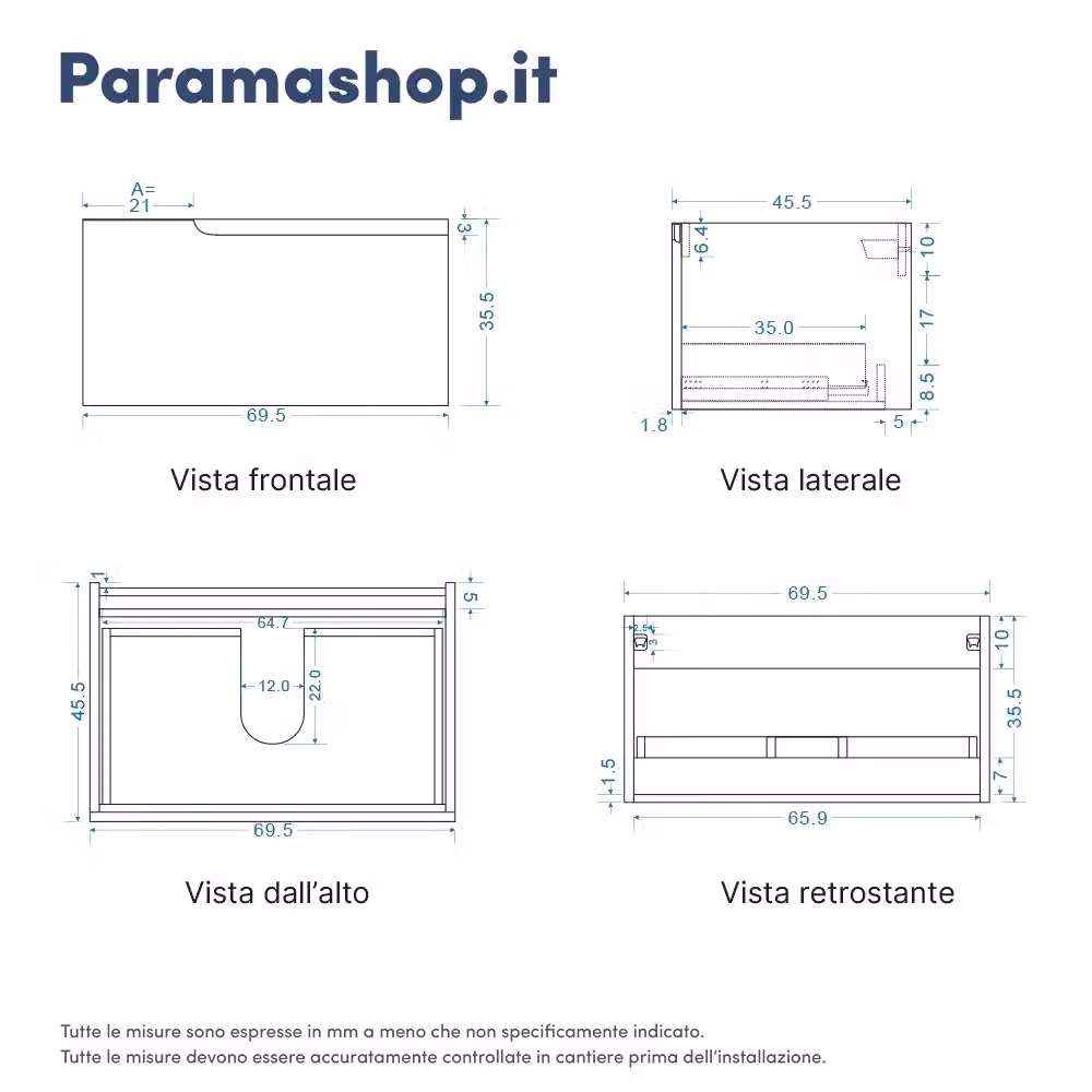Mobile bagno sospeso Moor Parama con cassetto e top, colore blu carta da zucchero opaco, larghezza: 70 cm – 2