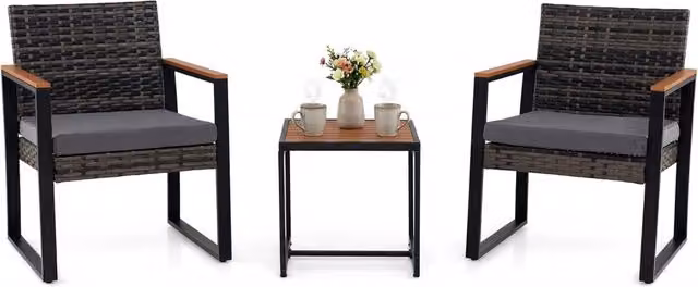 Salottino da esterno in rattan 3 pz con cuscino imbottito, Set mobili da giardino per balcone Grigio