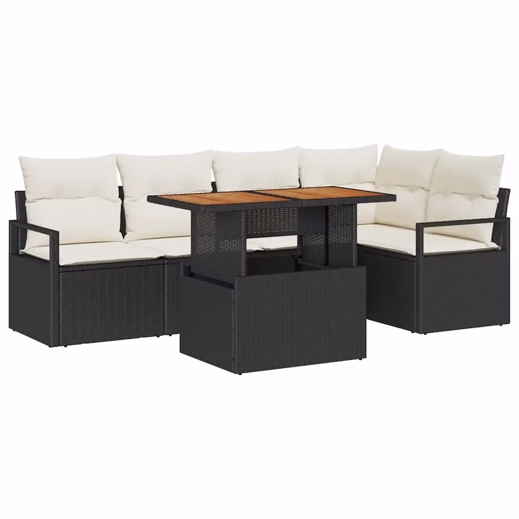 Set da pranzo da giardino vidaXL in rattan e legno con tavolo regolabile, 6 posti, Nero e Bianco – 2