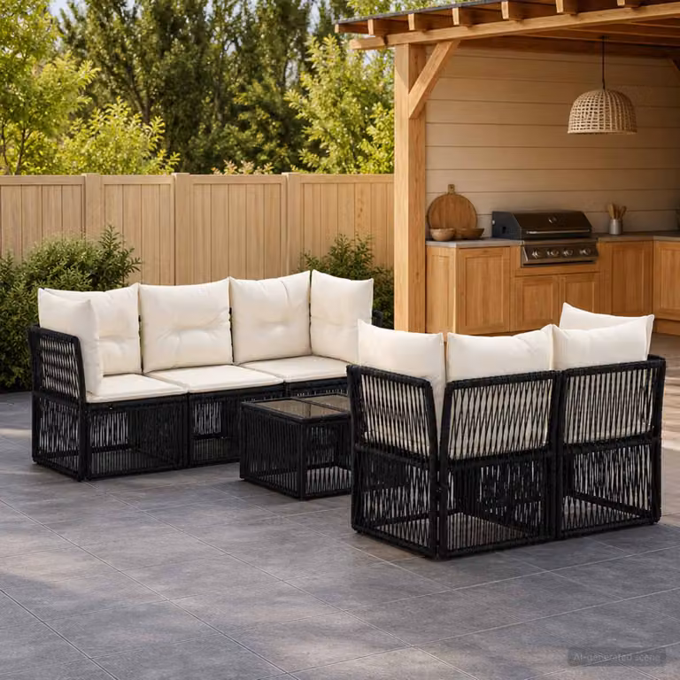 Set Divano da Giardino vidaXL 6 pz in Polyrattan Nero con Cuscini e Tavolino da Caffè in Vetro