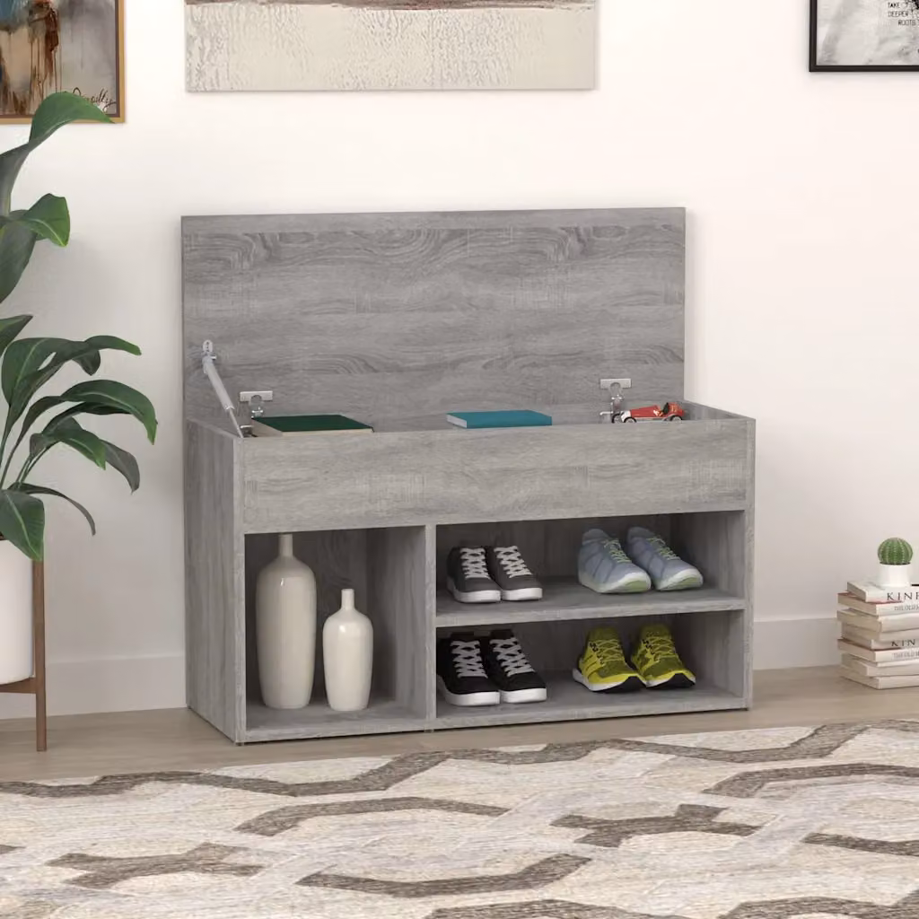 Scarpiera moderna vidaXL in legno multistrato e MDF, colore Grigio Sonoma con dettagli Oro, L 80 cm x P 30 cm x H 45 cm