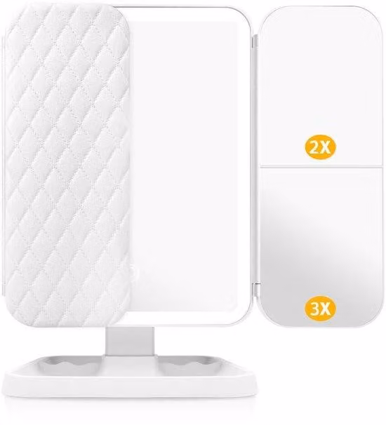 Specchio cosmetico elettrico con luce, specchio cosmetico alimentato a batteria da 2000 mAh con ingrandimento 1x/2x/3x, specchio da tavolo pieghevole, specchio ingranditore con luce, interruttore a pulsante e 3 tonalità di luce, bianco