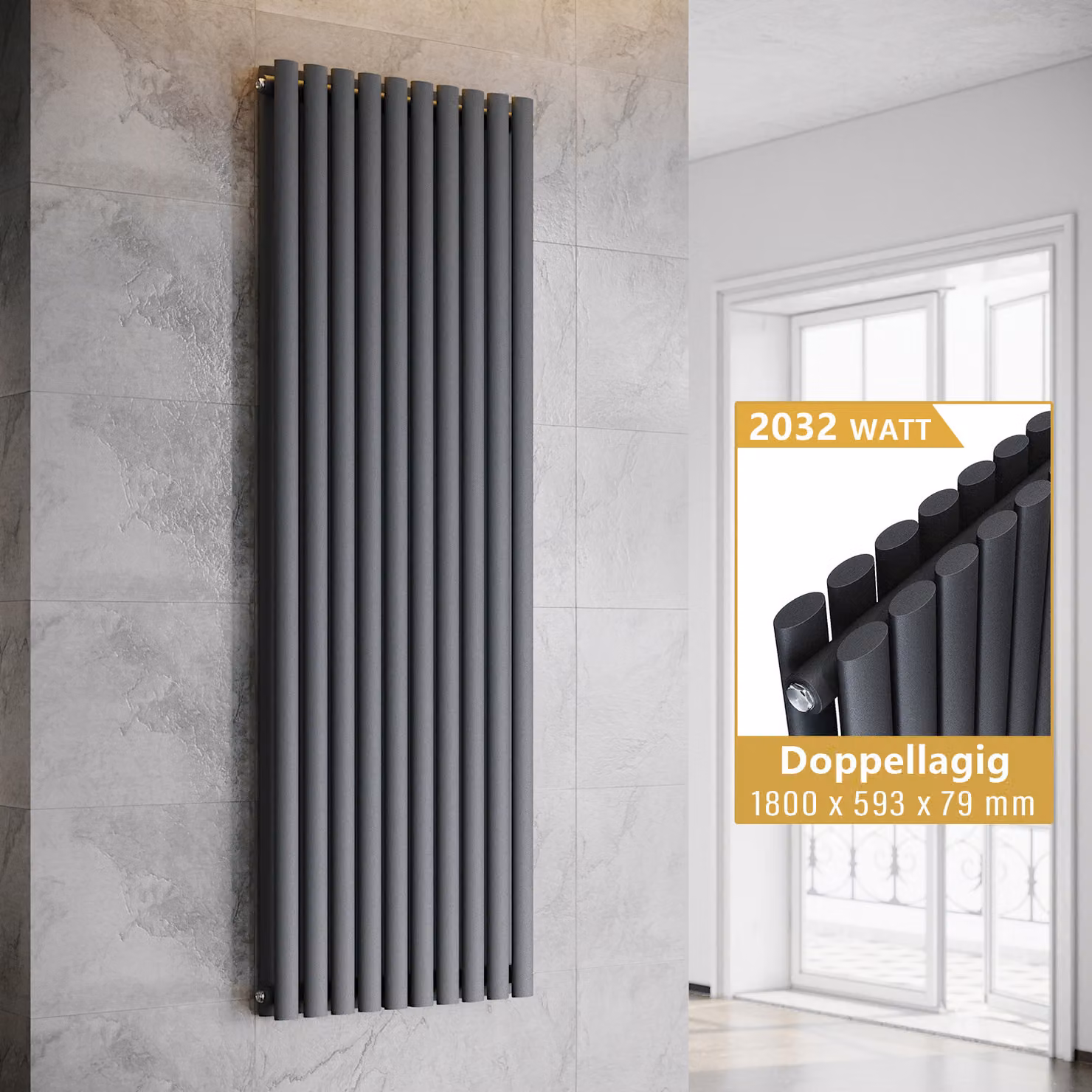 SONNI Radiatore a piastre verticali, radiatore a tubi a doppia parete, colore antracite, dimensioni 1800x593 mm, senza resistenza riscaldante