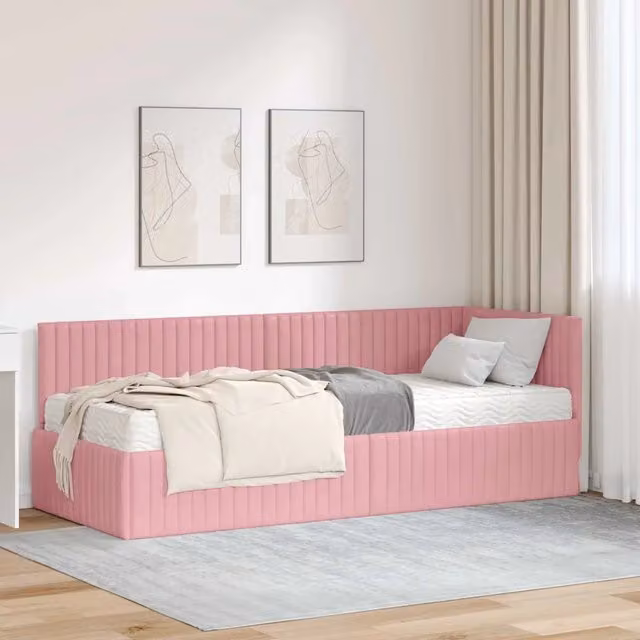 Letto angolare moderno vidaXL con materasso in tessuto rosa, L/P/H: 200 x 80 x 339 cm