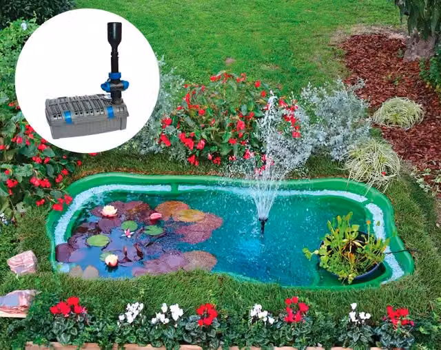 Kit Laghetto Artificiale con Pompa Filtro GIORDANOSHOP in Polietilene Verde, Forma a Rene, Capacità 1000 Litri, L: 235 cm, P: 140 cm, H: 60 cm