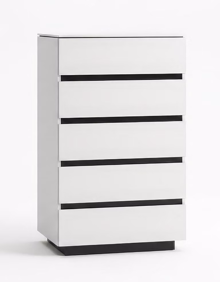 Comò moderno, bianco, design elegante, con cassetti. Mobile contenitore alto