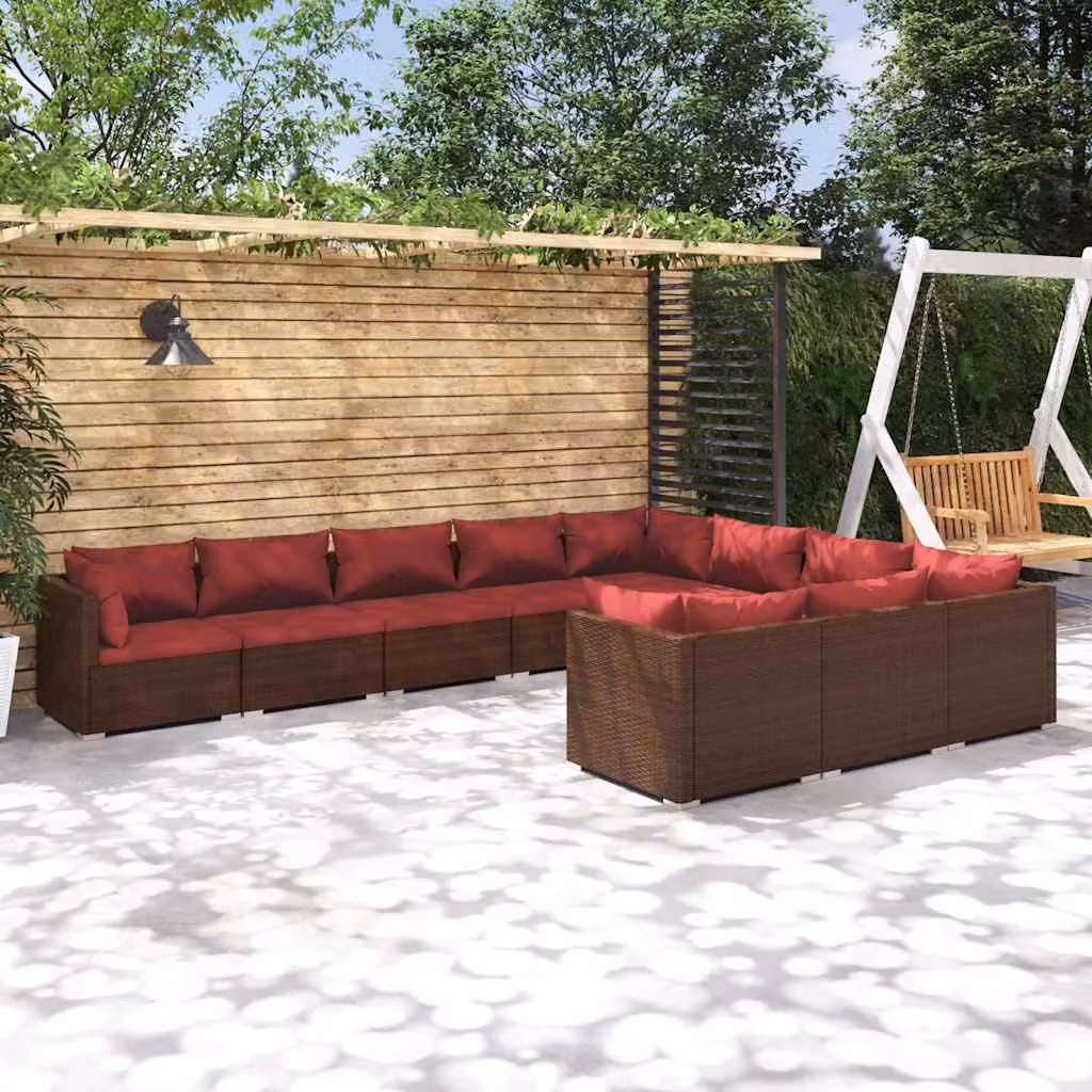 Set di divani da giardino a L vidaXL in rattan marrone con cuscini imbottiti e struttura in metallo