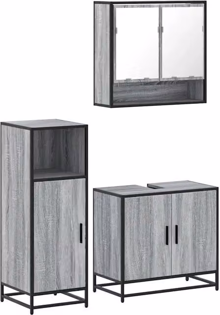 Set Mobili da Bagno Industrial in Legno e Metallo Grigio Opaco, Composto da Mobile Lavabo, Armadietto con Specchio e Mobile Laterale, L/P/H: 65 x 20 x 60 cm