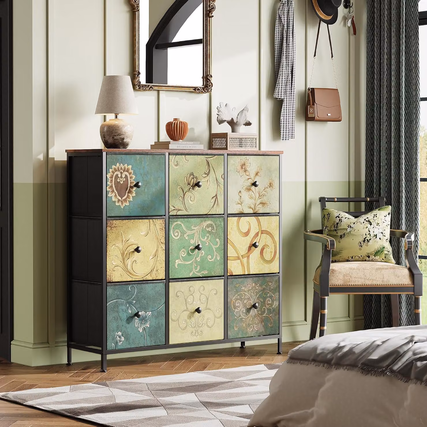 cassettiera alta 100 cm con 9 cassetti, piano in legno, motivo vintage, struttura in metallo, stile bohémien, multicolore