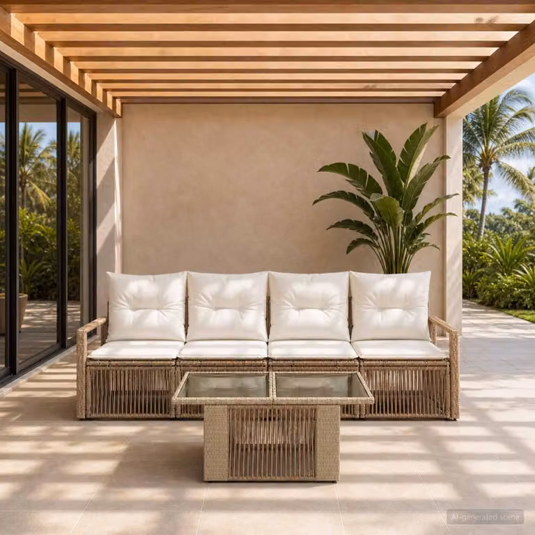 Set da giardino vidaXL composto da 5 pezzi con divani e tavolino, colore beige e bianco crema, in rattan e metallo con cuscini inclusi