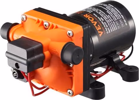 Pompa a Membrana VEVOR 12V per Acqua, 11,36 L/min, 4 Camere con Pressostato Automatico Regolabile 40-100 PSI, Arancione