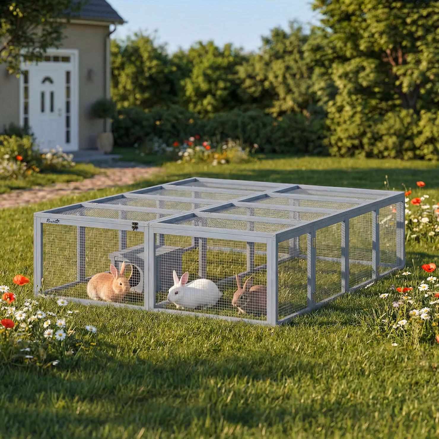 PawHut Recinto per Conigli in Legno Grigio con 2 Porte e Cuccia per 2-4 Conigli Nani L: 180,4 cm, P: 150 cm, H: 48 cm – 2