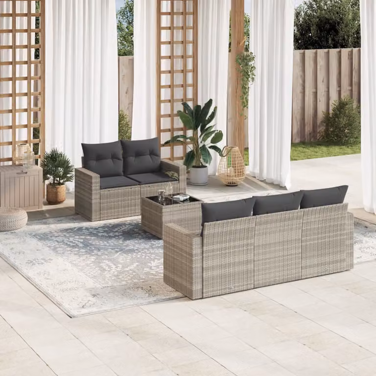 vidaXL Set Divano da Giardino a L in Polyrattan Grigio con Cuscini e Tavolino da 6 Pezzi