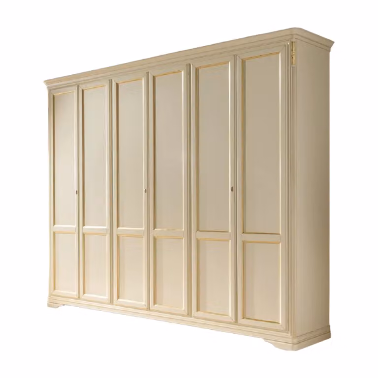 Armadio shabby classico in legno con 6 ante e cassetti integrati Mobili 2G colore avorio e oro L: 310 cm, P: 60 cm, H: 250 cm