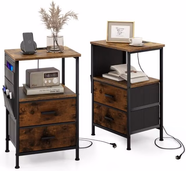Set di 2 comodini in stile industriale con stazione di ricarica, 2 cassetti e 6 tasche laterali, colore marrone e nero