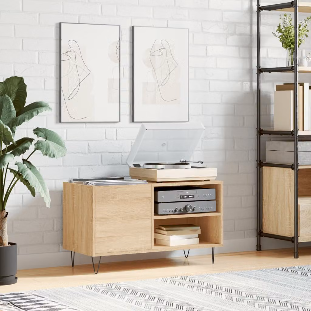 vidaXL Mobile Porta Dischi in Legno Multistrato e Metallo, Rovere Sonoma, Marrone, L: 85 cm, P: 38 cm, H: 48 cm