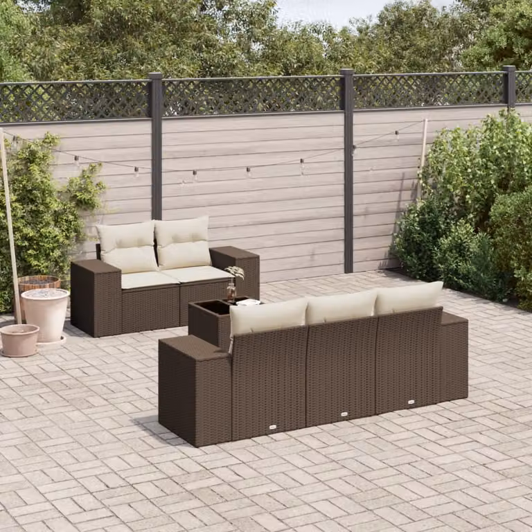 Set Divano da Giardino vidaXL 6 pz in Polyrattan Marrone e Bianco con Cuscini Imbottiti e Tavolino per Esterno