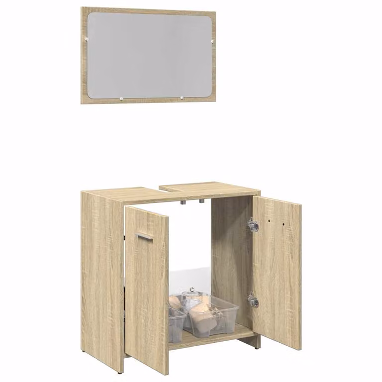 Set di mobili da bagno vidaXL 2 pezzi in legno multistrato color rovere beige con armadietto specchio moderno a parete