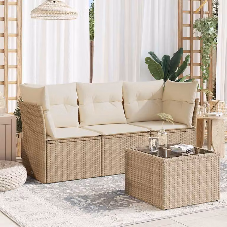 Set Divano da Giardino a L vidaXL con Tavolino e Pouf, Colore Beige e Bianco, in Polyrattan e Acciaio Verniciato a Polvere