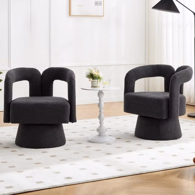 Poltrona girevole 360 WISHDOR in bouclé grigio con braccioli e base in metallo e legno