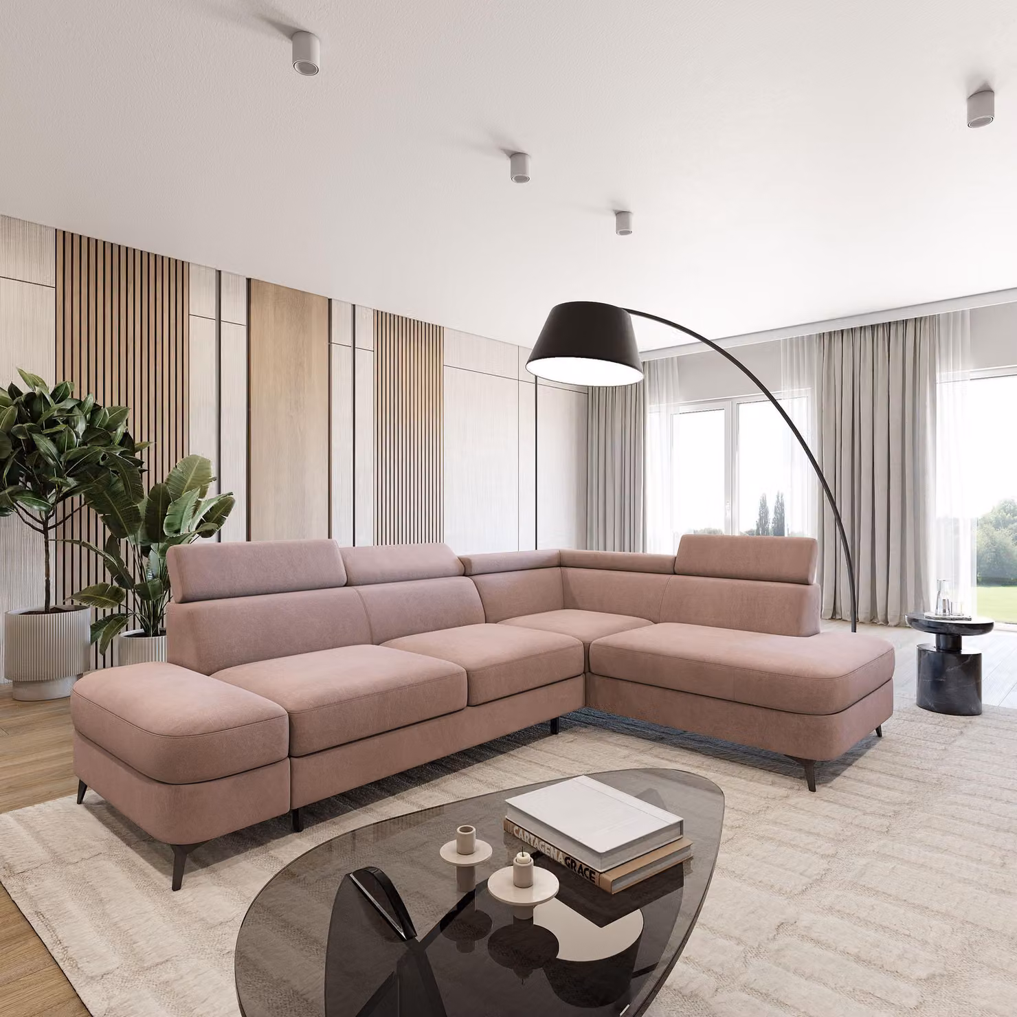 Divano ad angolo Masseno AVISE MV R-S con funzione letto a L, divano con contenitore, divano da salotto, divano, divano letto, set divani - Rosa, MATT VELVET 61