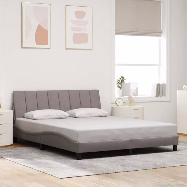 Letto moderno vidaXL in tessuto beige e grigio con illuminazione sottostante e porta di ricarica USB, L/P/H: 160 x 200 x 74,5 cm