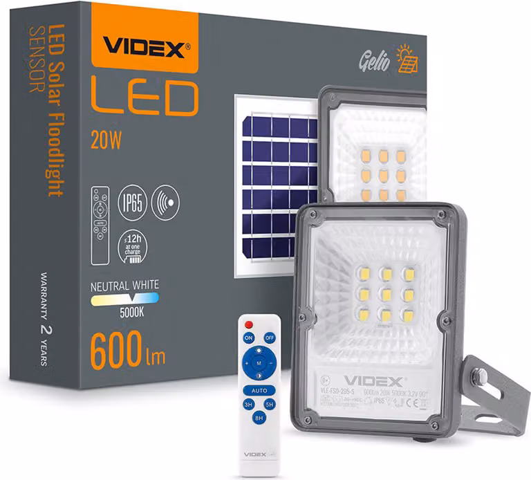 Proiettore solare a LED con sensore di movimento Proiettore solare VIDEX GELIO 20W 600Lm 5000K