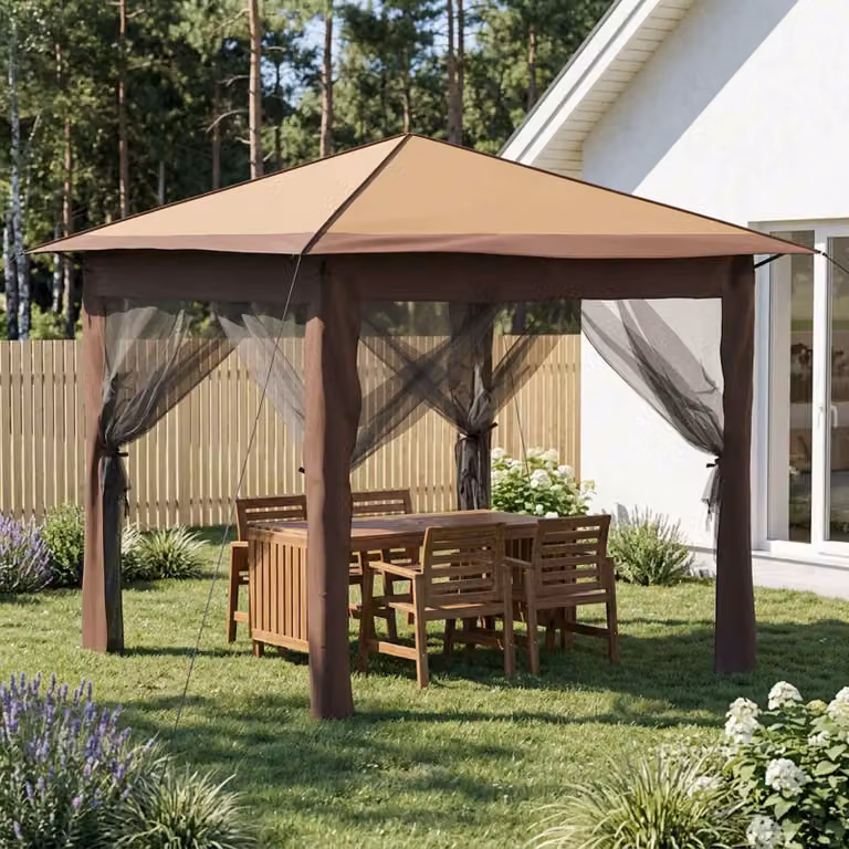 Gazebo vidaXL con 4 pareti in poliestere e acciaio, Beige e Marrone, L 260 x P 260 x H 245 cm