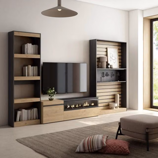 Mobile TV per soggiorno con camino elettrico SKRAUT HOME, colore Rovere e nero, L: 320 cm, P: 35 cm, H: 186 cm