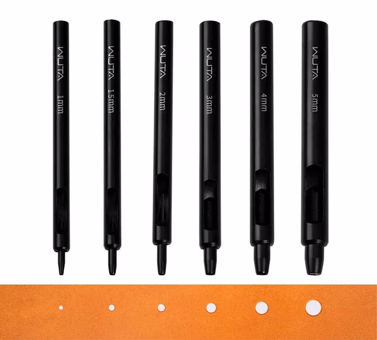 Set di punteruoli Lochstanzer in pelle, 6 pezzi, forma circolare, diametro da 1 a 5 mm, colore nero, acciaio
