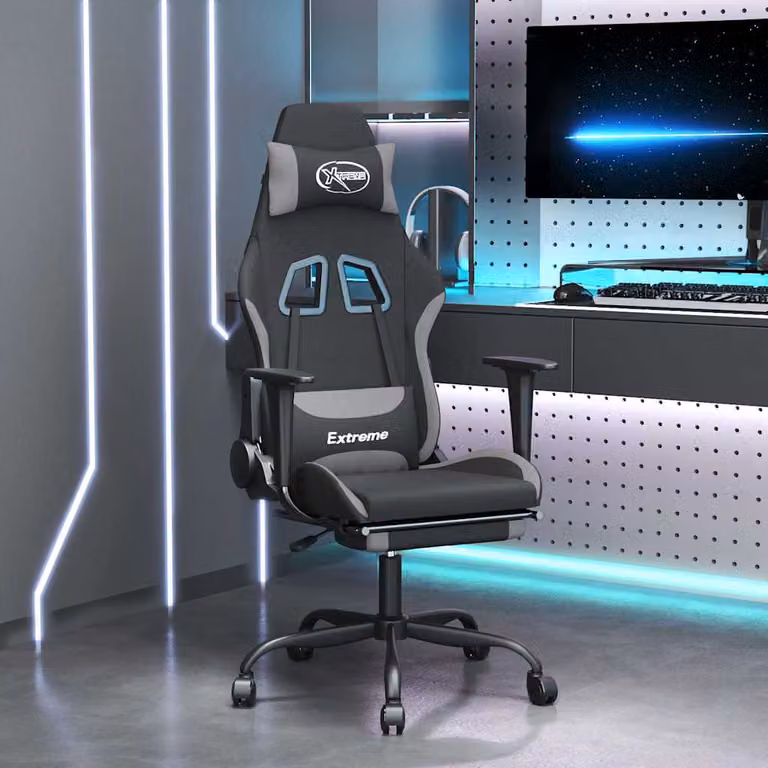 Sedia da Gaming vidaXL con Poggiapiedi, Colore Nero e Grigio, Rivestimento in Tessuto e Struttura in Metallo e Legno