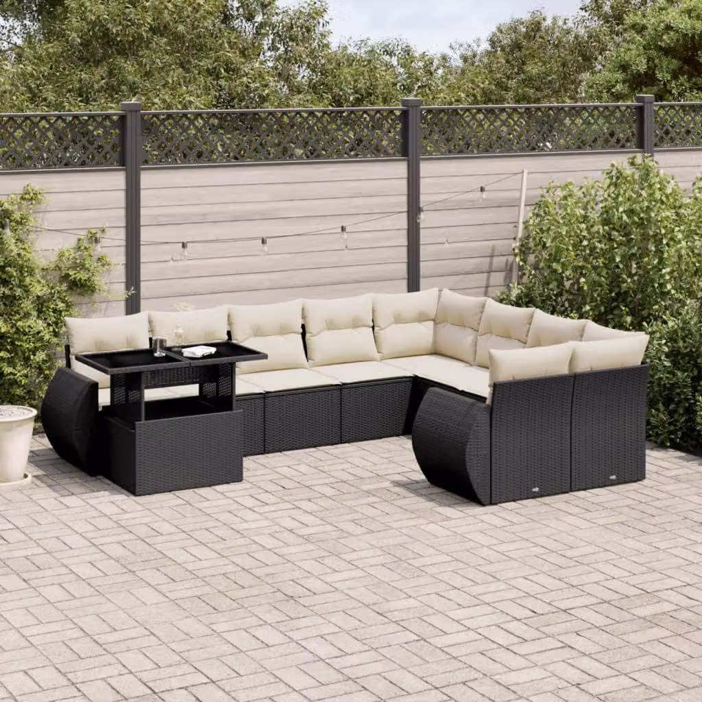 vidaXL Set Divani da Giardino a Forma di U in Polyrattan Nero con Cuscini e Tavolino da Esterno – 1