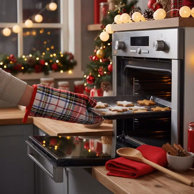 Set di guanto da forno, cucchiaio e strofinaccio KASANOVA in stile country house, motivo tartan bianco e multicolore