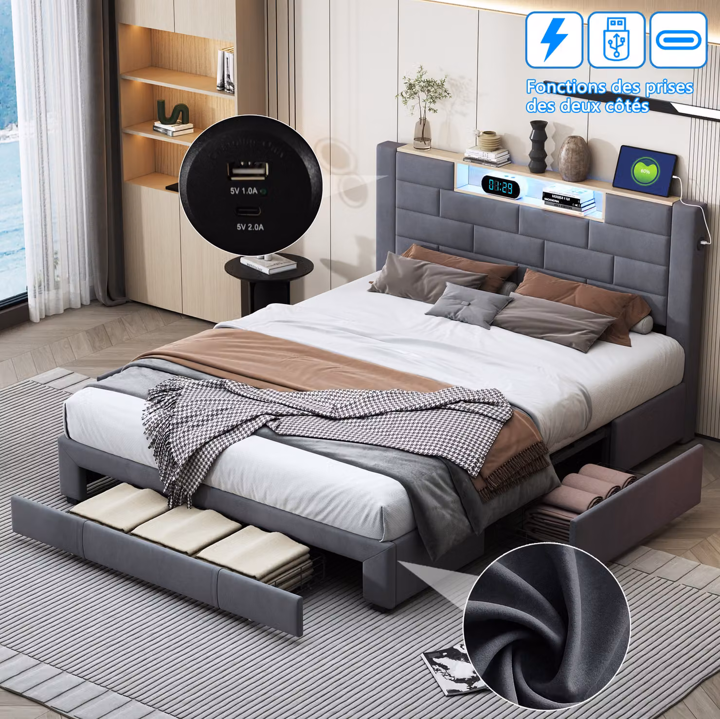 Letto imbottito ProximaX 160x200 cm con funzione di ricarica USB&Tipo-c, 3 cassetti, rete a doghe e rivestimento in velluto, letto per ragazzi e matrimoniale, design classico