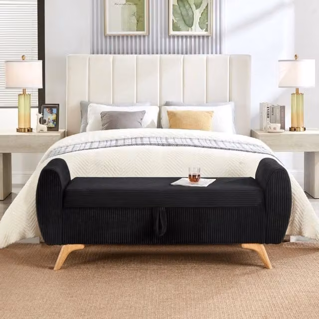 Panca Seduta Imbottita con Contenitore Minimal in Legno e Tessuto Nero L: 145 cm, P: 51 cm, H: 57 cm