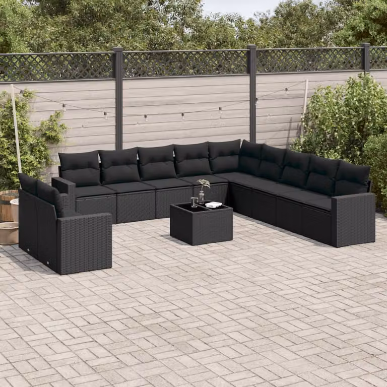 Set di divani da giardino vidaXL in polyrattan nero con cuscini e tavolino da esterno