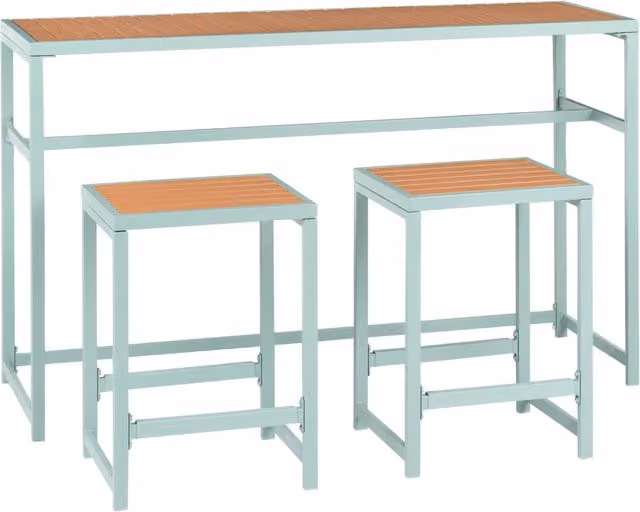Set da giardino 3 elementi per interni ed esterni, tavolo e 2 sgabelli, acciaio, legno plastico verde chiaro design moderno