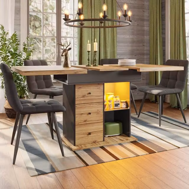 Tavolo da pranzo allungabile 4-6 posti con LED, 2 cassetti e ripiani regolabili in MDF nero naturale, 110-140 × 80 × 75 cm