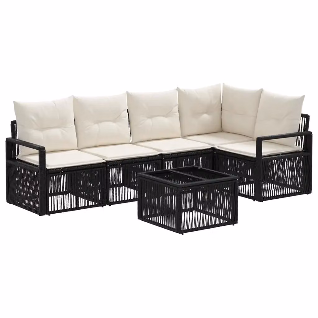 Set da giardino moderno vidaXL composto da 6 pezzi con divano a L, elemento angolare, divano a 2 posti e tavolino da caffè, colore nero con cuscini inclusi e struttura in metallo e rattan – 2
