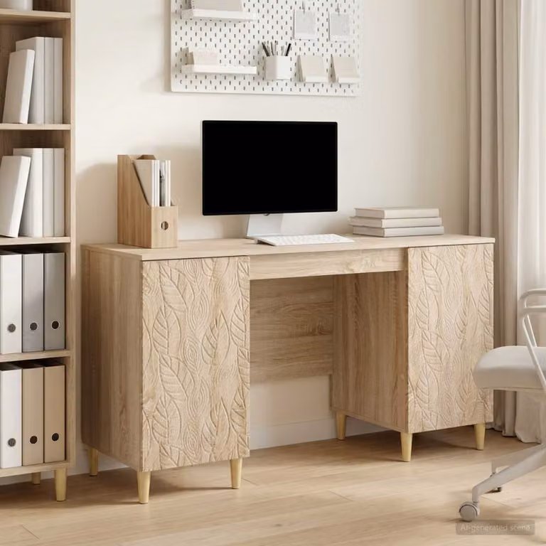 Scrivania moderna vidaXL in legno MDF color rovere, L: 142,5 cm, P: 50 cm, H: 75 cm