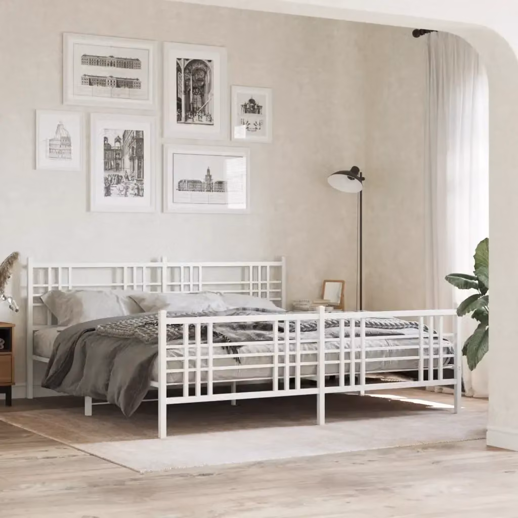 Letto matrimoniale con testiera e pediera in metallo bianco L: 198 cm, P: 151 cm, H: 207 cm – 2