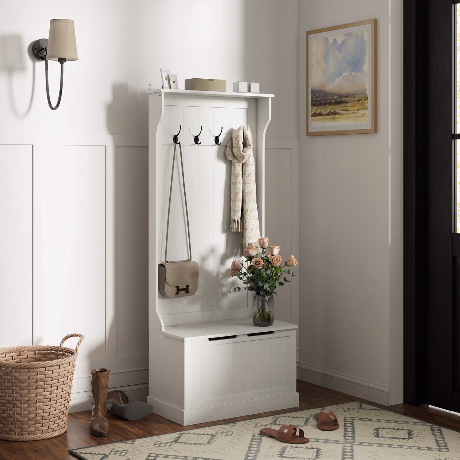 HOMCOM Attaccapanni con Panca Contenitore e 4 Ganci, Stile Moderno, Bianco, H 170 x L 71,5 x P 39,5 cm – 2
