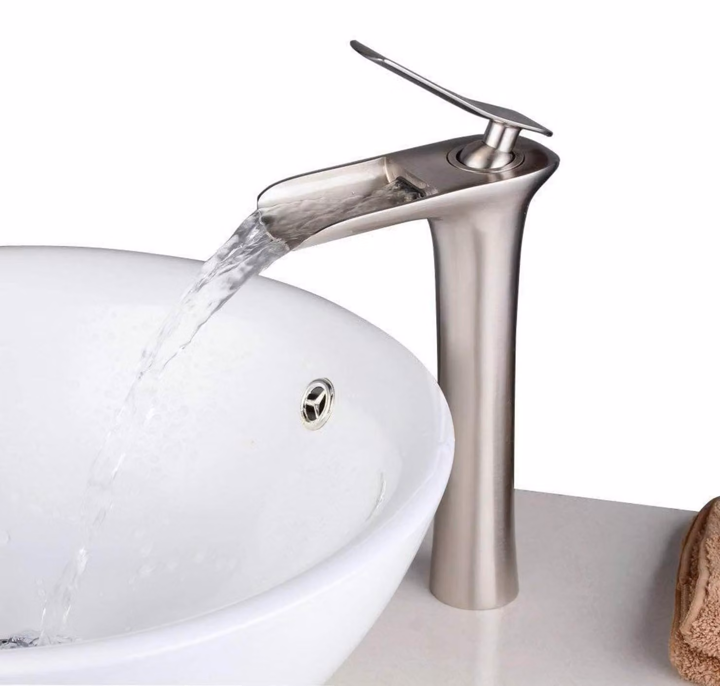 Rubinetto da bagno, modello cascata, miscelatore monocomando, rubinetto per lavabo, valvola in Vetroceramica, finitura in nichel spazzolato, modello BL9009NH, altezza elevata