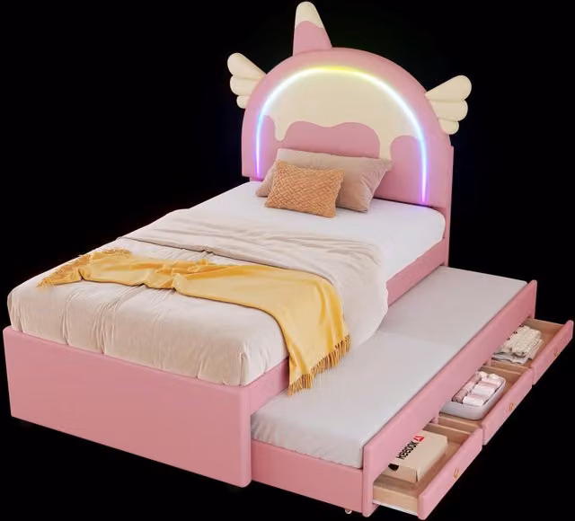Letto Singolo con Testiera a Unicorno e Letto Estraibile Chicfurn, Rosa, L/P/H: 90 x 200 x 94 cm – 1