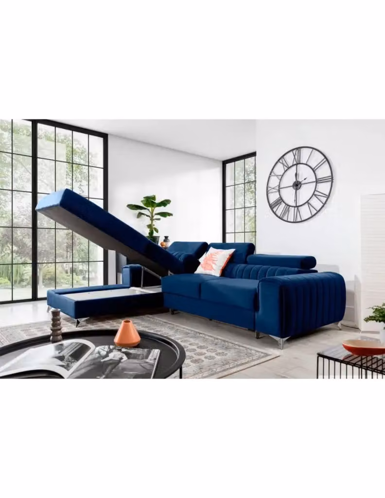 Divano ad angolo sinistro JAYSON MEUBLORAMA blu con funzione letto e poggiatesta regolabile L/P/H: 278 x 205 x 92 cm – 2
