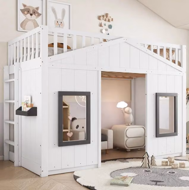 Letto a castello 90x200 cm con scale; sponde e finestre in legno e MDF bianco e grigio