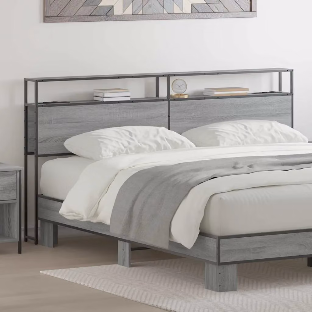 Testata letto con contenitore e ripiani integrati vidaXL Grigio sonno, con porta di ricarica USB e scomparti laterali, L: 203 cm x H: 98 cm x P: 15 cm