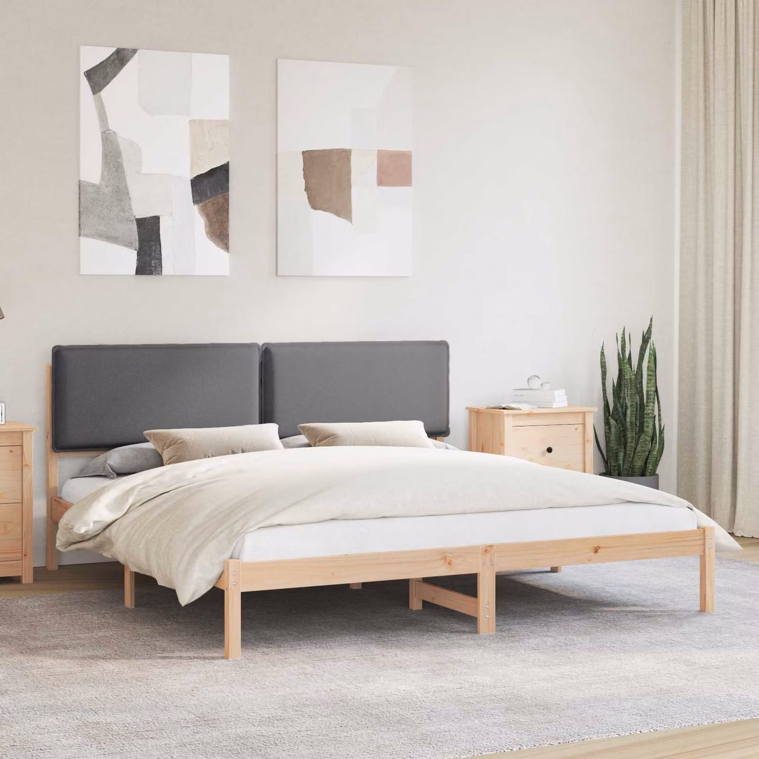 Letto moderno vidaXL con testiera rivestita in tessuto e struttura in legno di pino, Grigio, L 180 x P 200 cm – 1